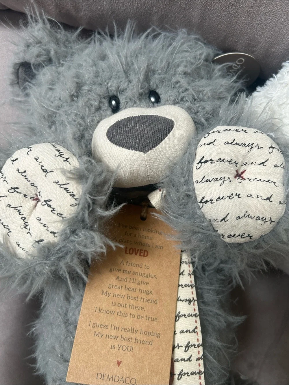 NWT Gray and Cream Shaggy Soft Plush Bear Friend with Cursive Love Messages